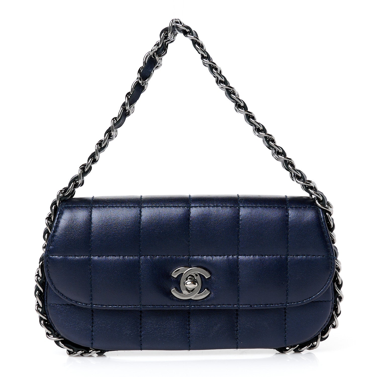 Chanel Lambskin Chocolate Bar Quilted 3 Chain Flap Navy Blue 1 of 12