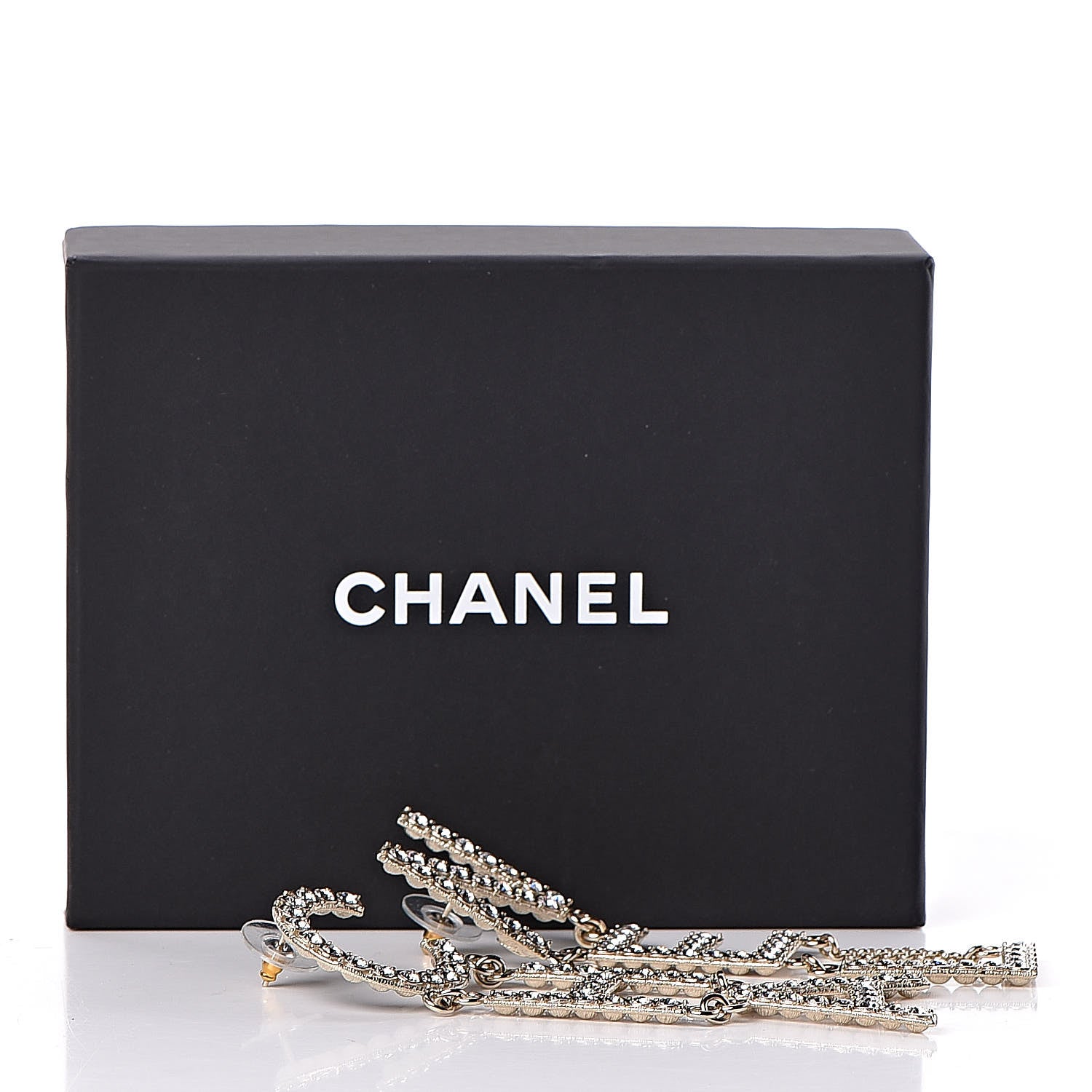 Chanel Crystal Cha-Nel Logo Drop Earrings Gold 5 of 5