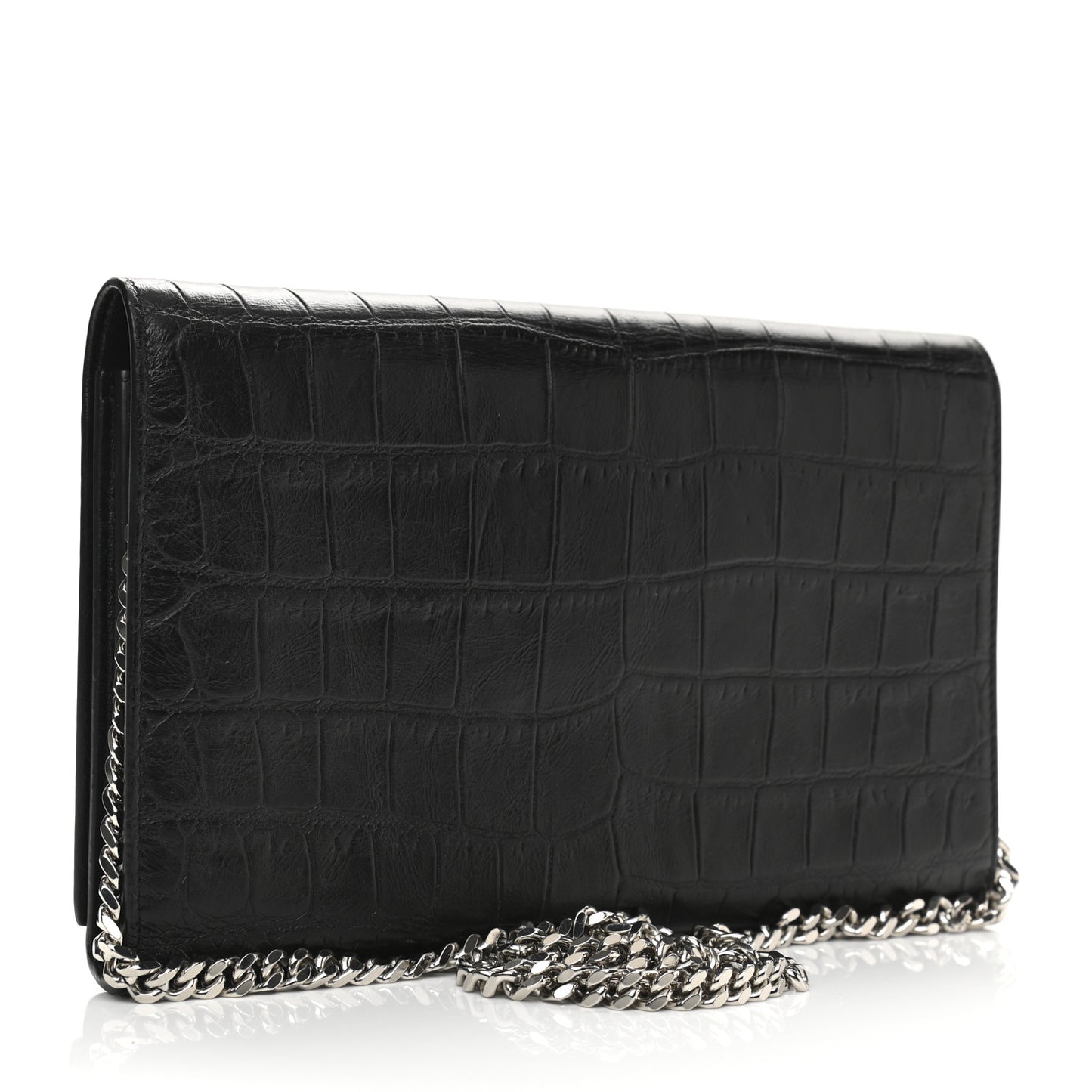 Calfskin Crocodile Embossed Monogram Chain Wallet Black