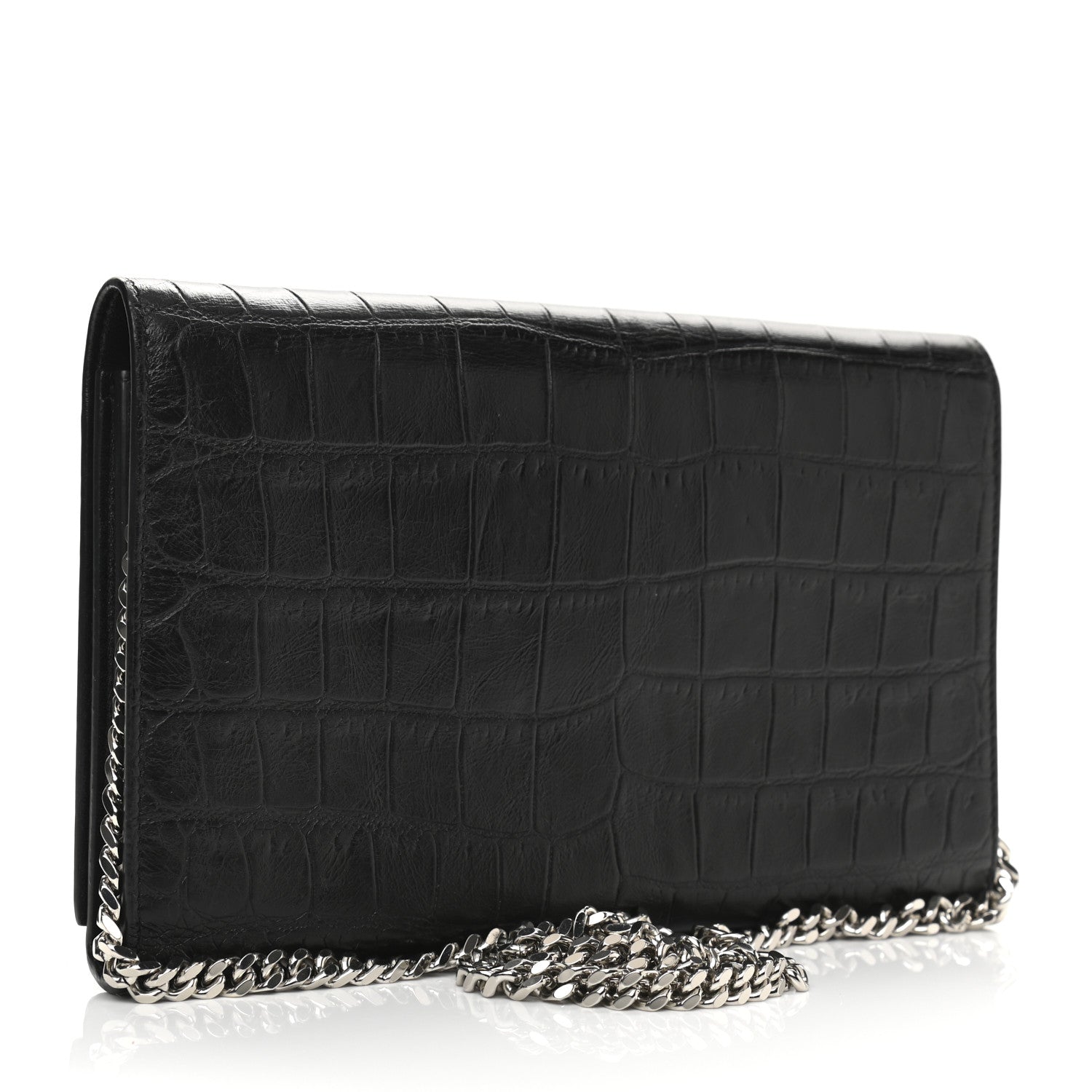 Saint Laurent Calfskin Crocodile Embossed Monogram Chain Wallet Black 2 of 9
