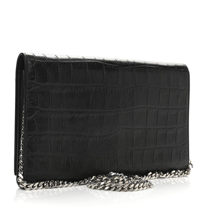 Saint Laurent Calfskin Crocodile Embossed Monogram Chain Wallet Black 2 of 9