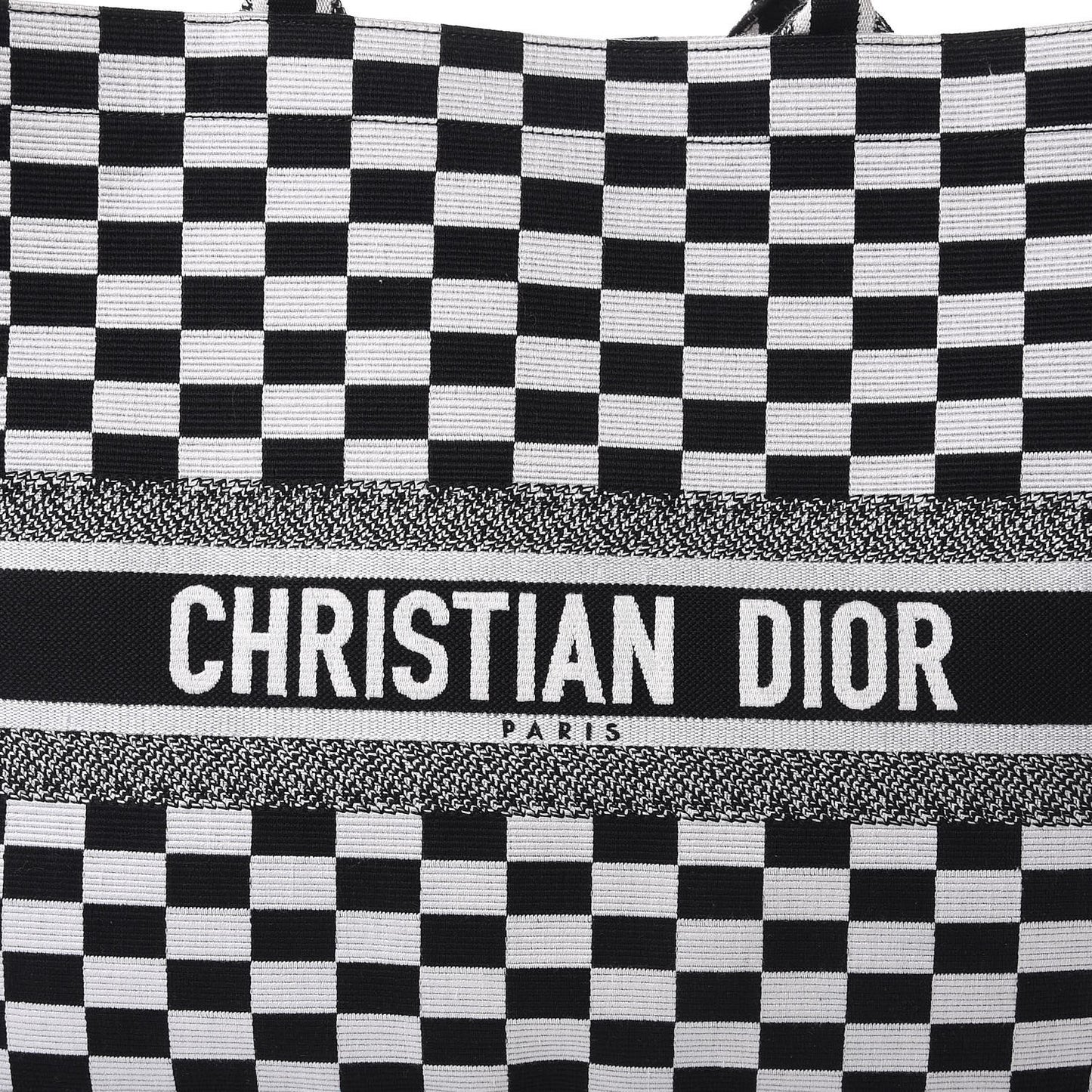Canvas Embroidered Checkered Book Tote Black White