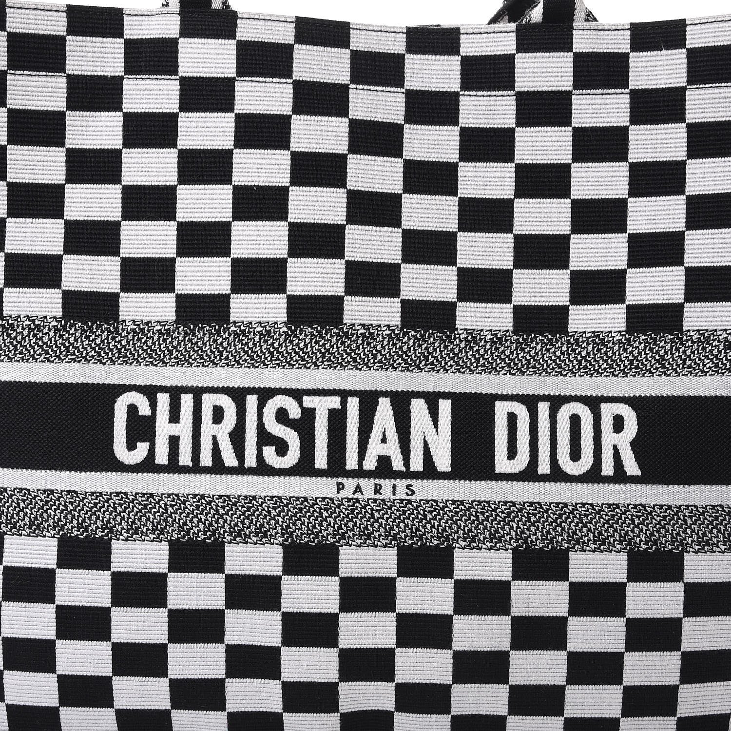 Christian Dior Canvas Embroidered Checkered Book Tote Black White 9 of 9