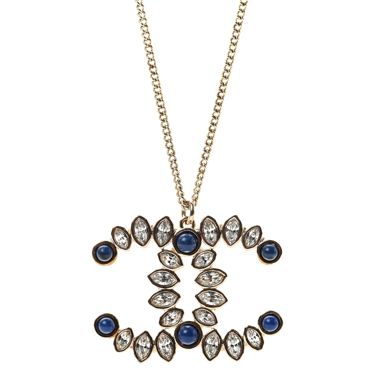 Chanel Strass Crystal Dazzling Wheat CC Pendant Necklace Blue Gold 4 of 5