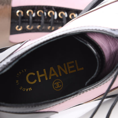 Chanel Crumpled Lambskin Patent CC Lace Up Oxfords 38 Pink Gold Black 7 of 7