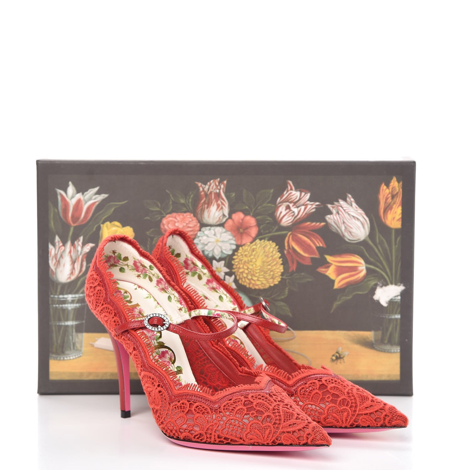 Gucci Lace Pizzo Venice Pumps 38.5 Hibiscus Red 8 of 8