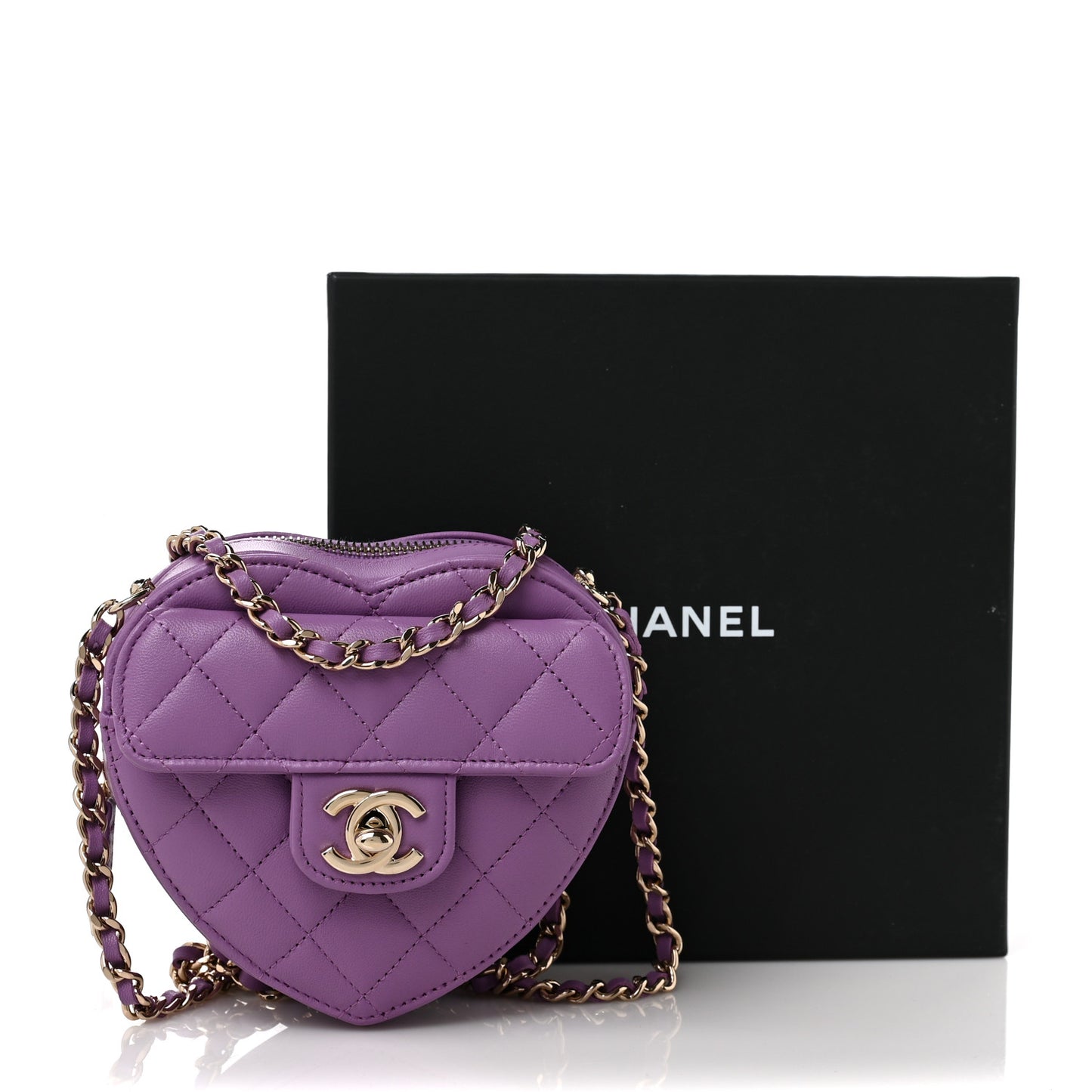Lambskin Quilted CC In Love Heart Clutch With Chain Purple
