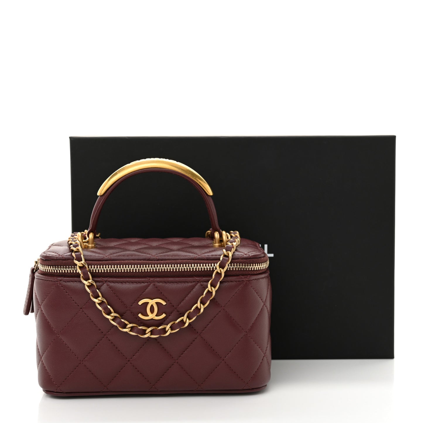 Lambskin Quilted Metal Small Top Handle Vanity Case With Chain Burgundy