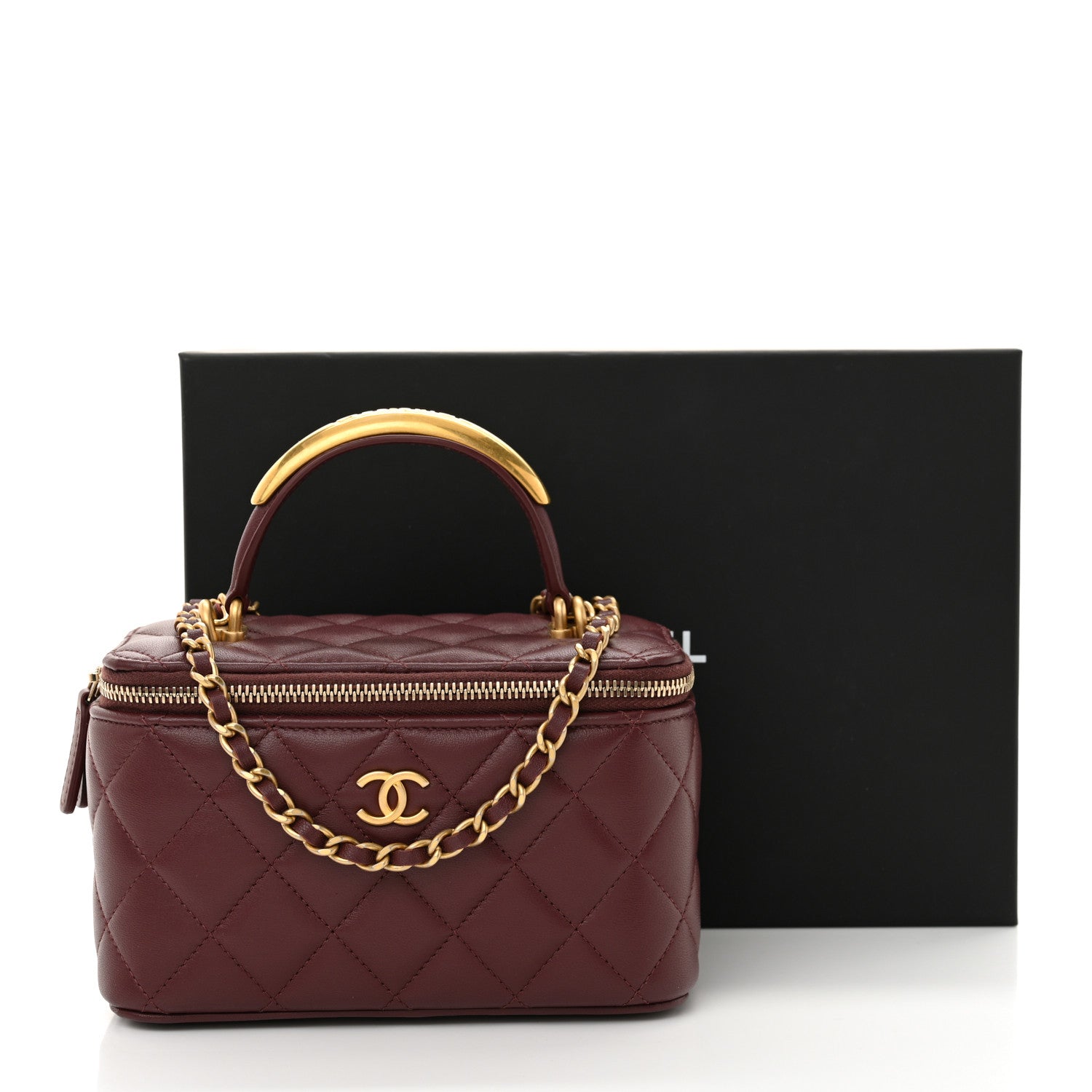 Chanel Lambskin Quilted Metal Small Top Handle Vanity Case With Chain Burgundy 11 of 11