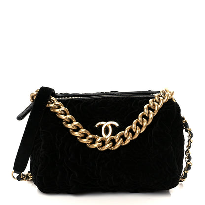 Chanel Velvet Camellia Embossed Barrel Clutch With Chain  Black 1 of 10