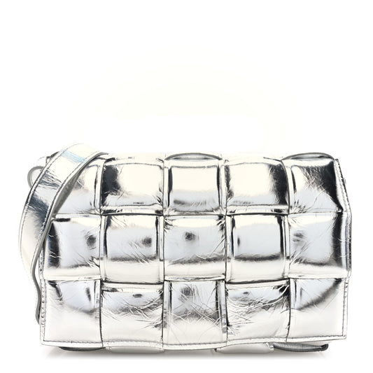 Metallic Lambskin Padded Cassette Crossbody Bag Silver