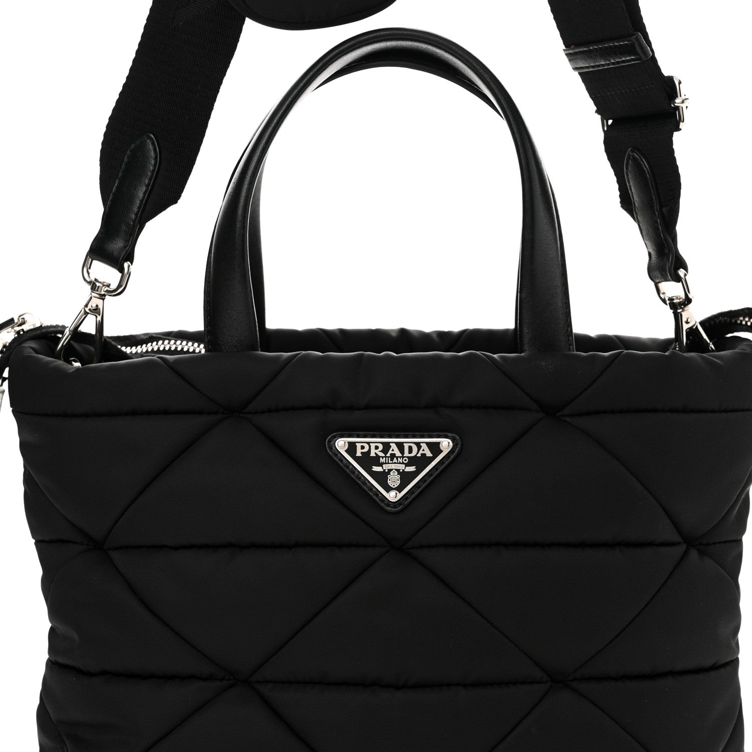 Prada Re-Nylon Nappa Triangle Quilted Padded Double Handled Zip Pocket Tote Black 8 of 10