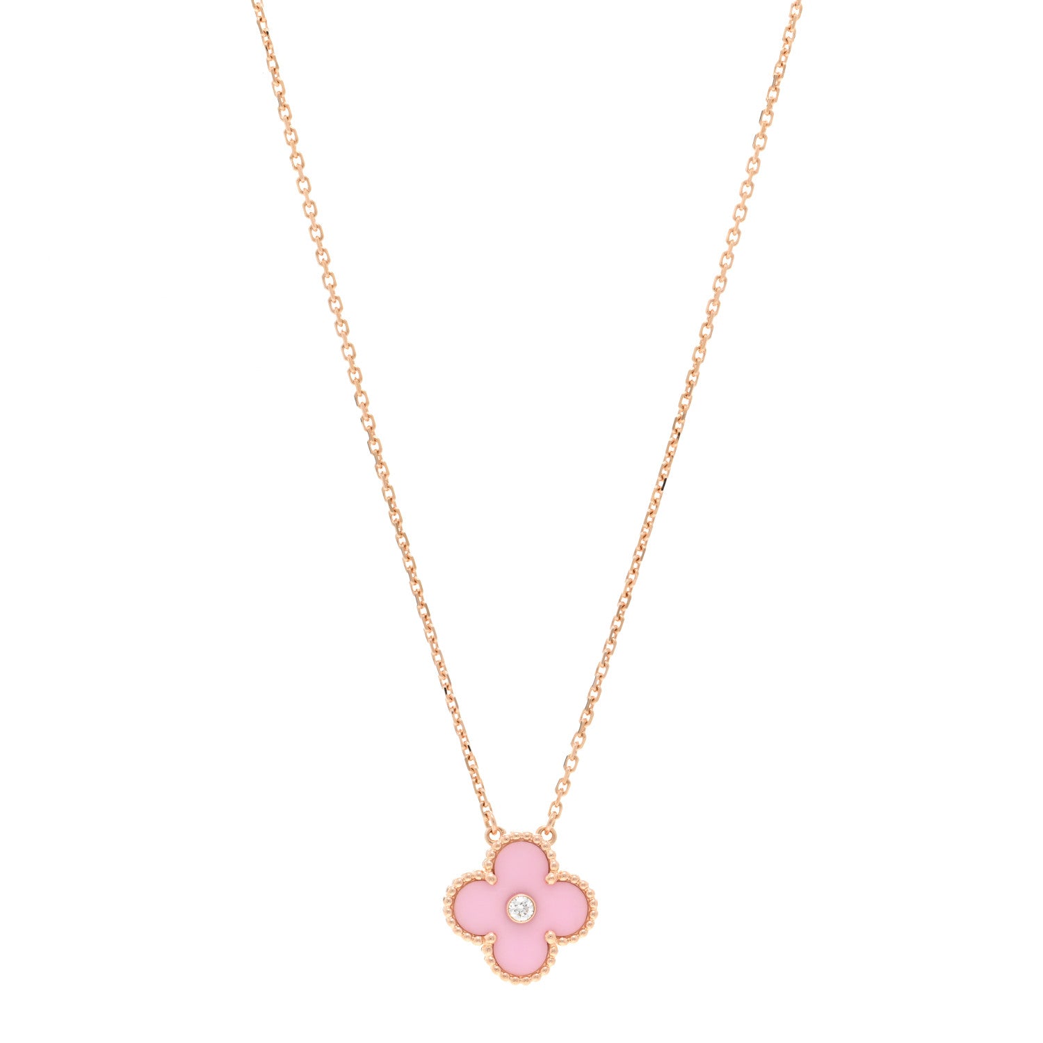 Van Cleef & Arpels 18K Rose Gold Diamond Pink Porcelain Vintage Alhambra Pendant Necklace 1 of 5