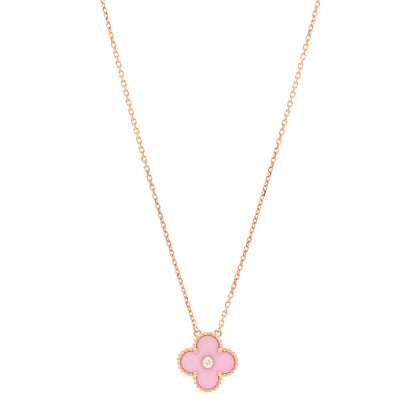 Van Cleef & Arpels 18K Rose Gold Diamond Pink Porcelain Vintage Alhambra Pendant Necklace 1 of 5