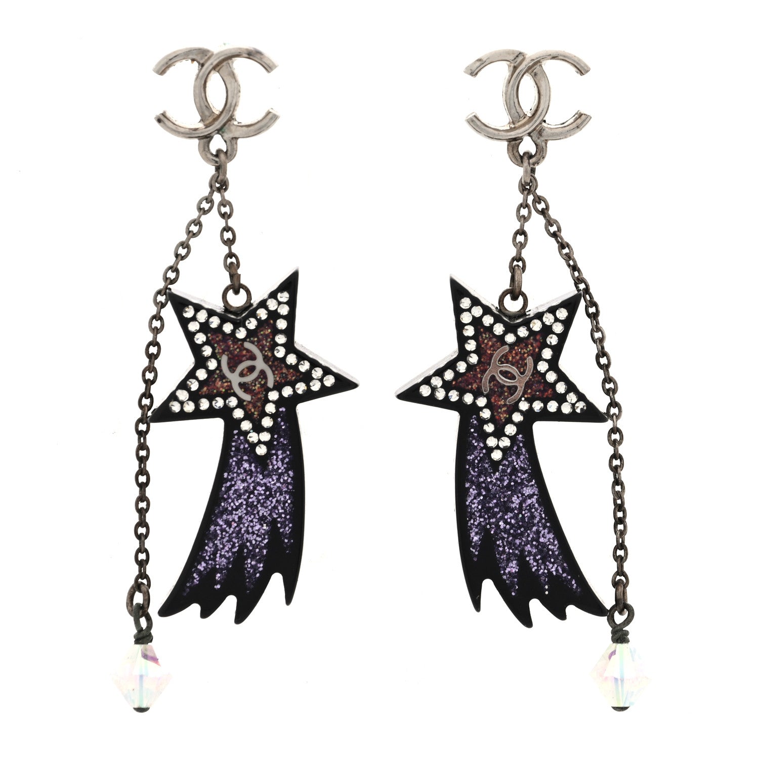 Chanel Resin Crystal CC Shooting Star Dangle Earrings Silver Purple 1 of 4