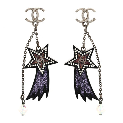 Chanel Resin Crystal CC Shooting Star Dangle Earrings Silver Purple 1 of 4