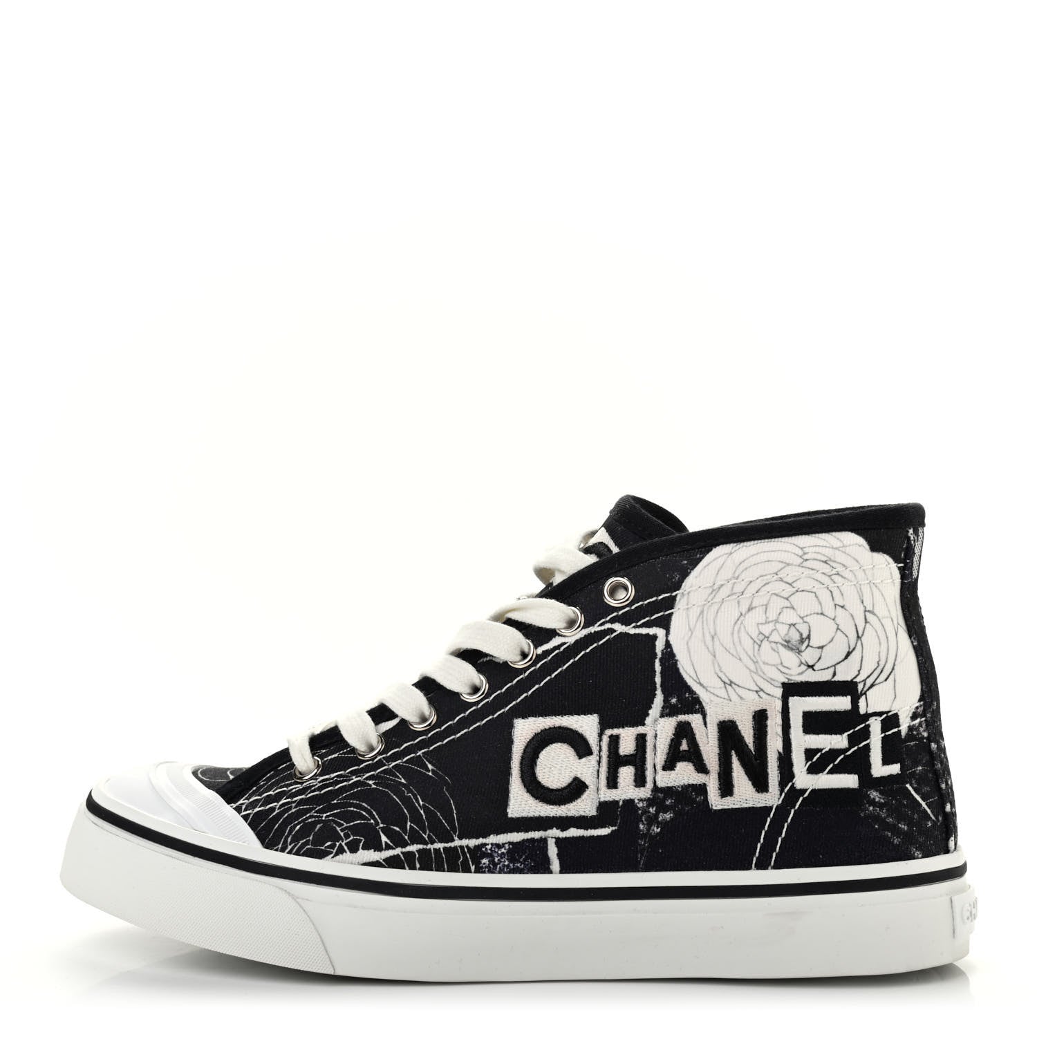 Chanel Printed Fabric High Top Logo Sneakers 38 White Black 1 of 10