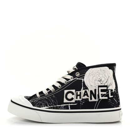 Chanel Printed Fabric High Top Logo Sneakers 38 White Black 1 of 10