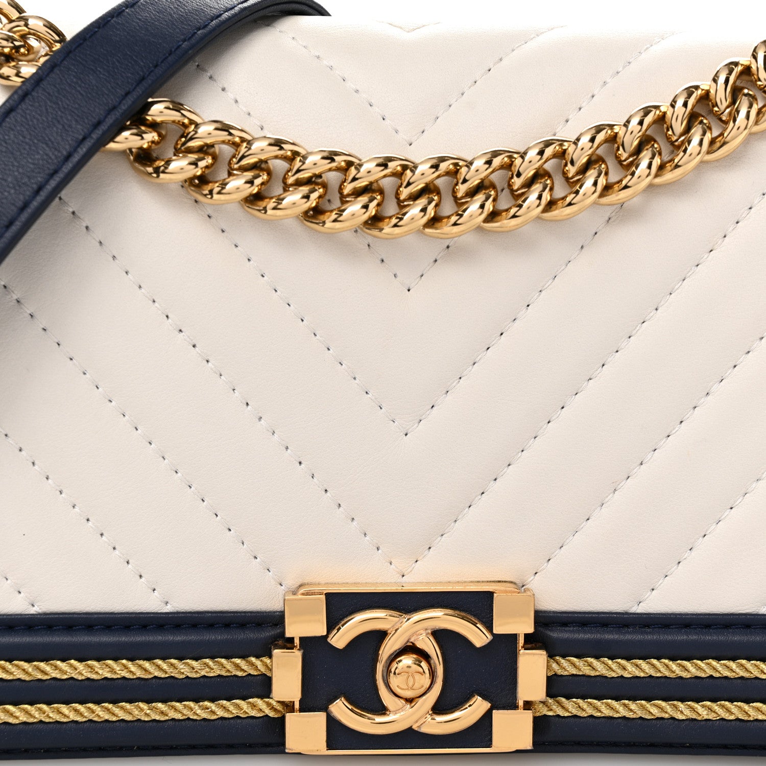Chanel Calfskin Chevron Quilted Braided Medium Boy Flap White Navy 9 of 11