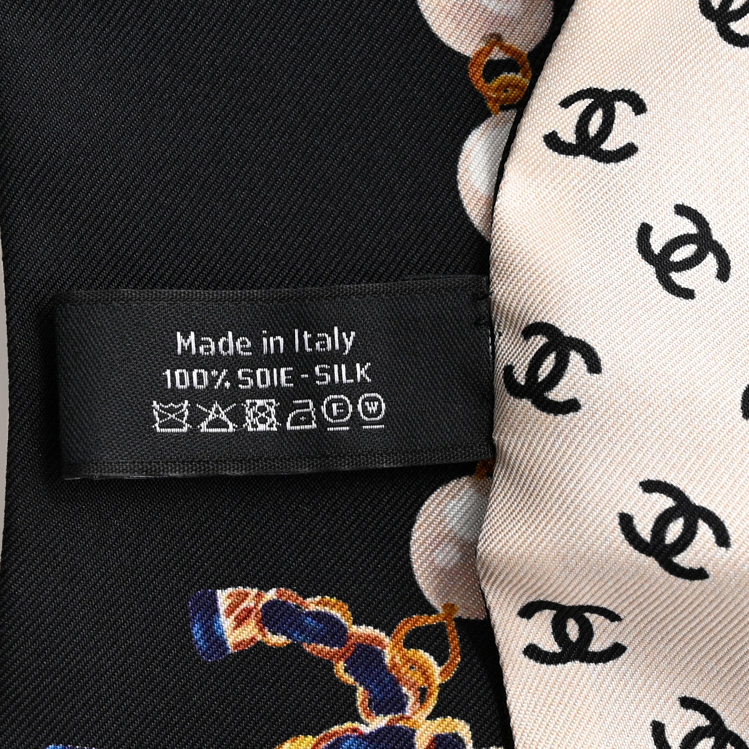 Chanel Silk Pearl CC Chain Slim Bandeau Scarf Dark Grey Blue Ecru 4 of 4