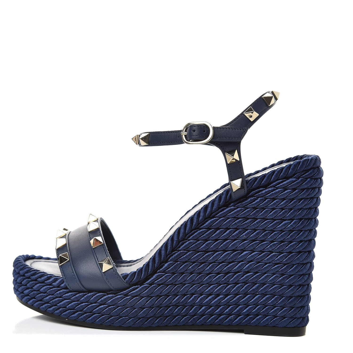 Valentino Garavani Calfskin Rockstud Torchon Espadrille 25/115mm Wedge Sandals 36 Pure Blue 1 of 8