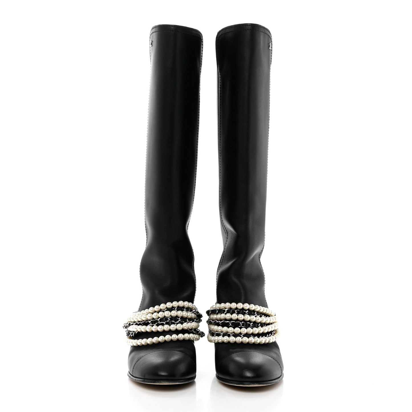 Calfskin Pearl Cap Toe High Boots 38 Black