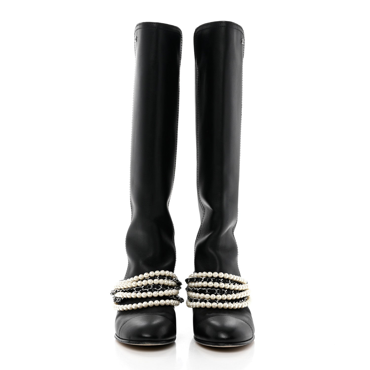 Chanel Calfskin Pearl Cap Toe High Boots 38 Black 2 of 11