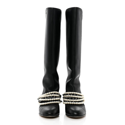 Chanel Calfskin Pearl Cap Toe High Boots 38 Black 2 of 11