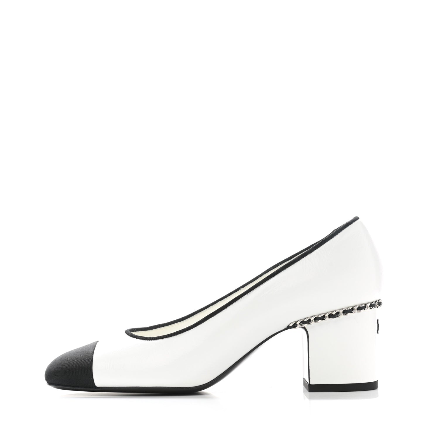Laminated Lambskin Grosgrain Chain CC Cap Toe Pumps 37.5 White Black