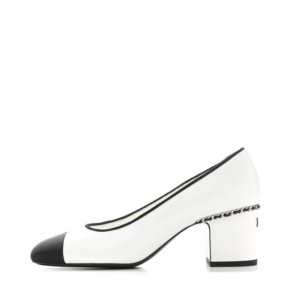 Chanel Laminated Lambskin Grosgrain Chain CC Cap Toe Pumps 37.5 White Black 1 of 10