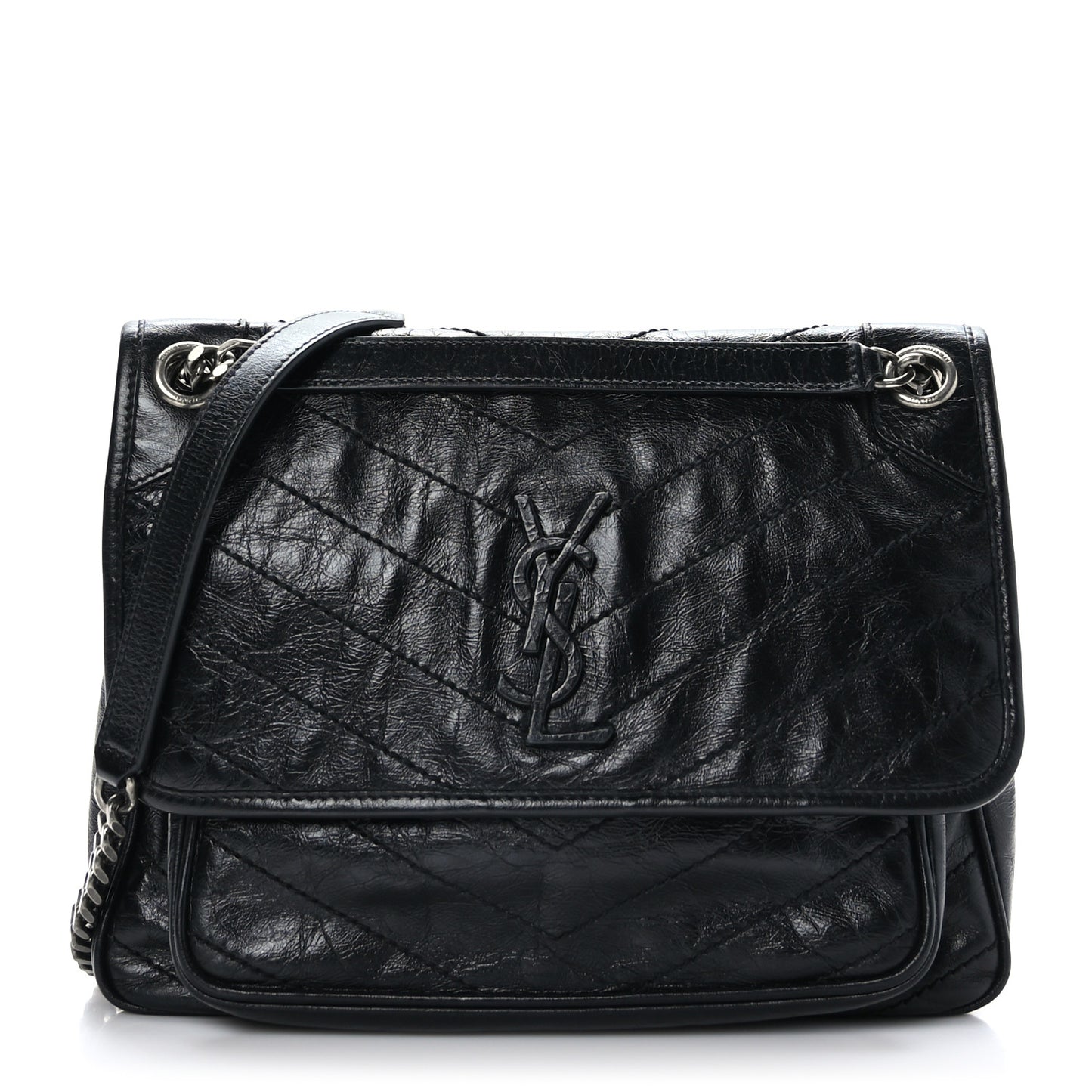Crinkled Calfskin Matelasse Monogram Medium Niki Chain Satchel Black