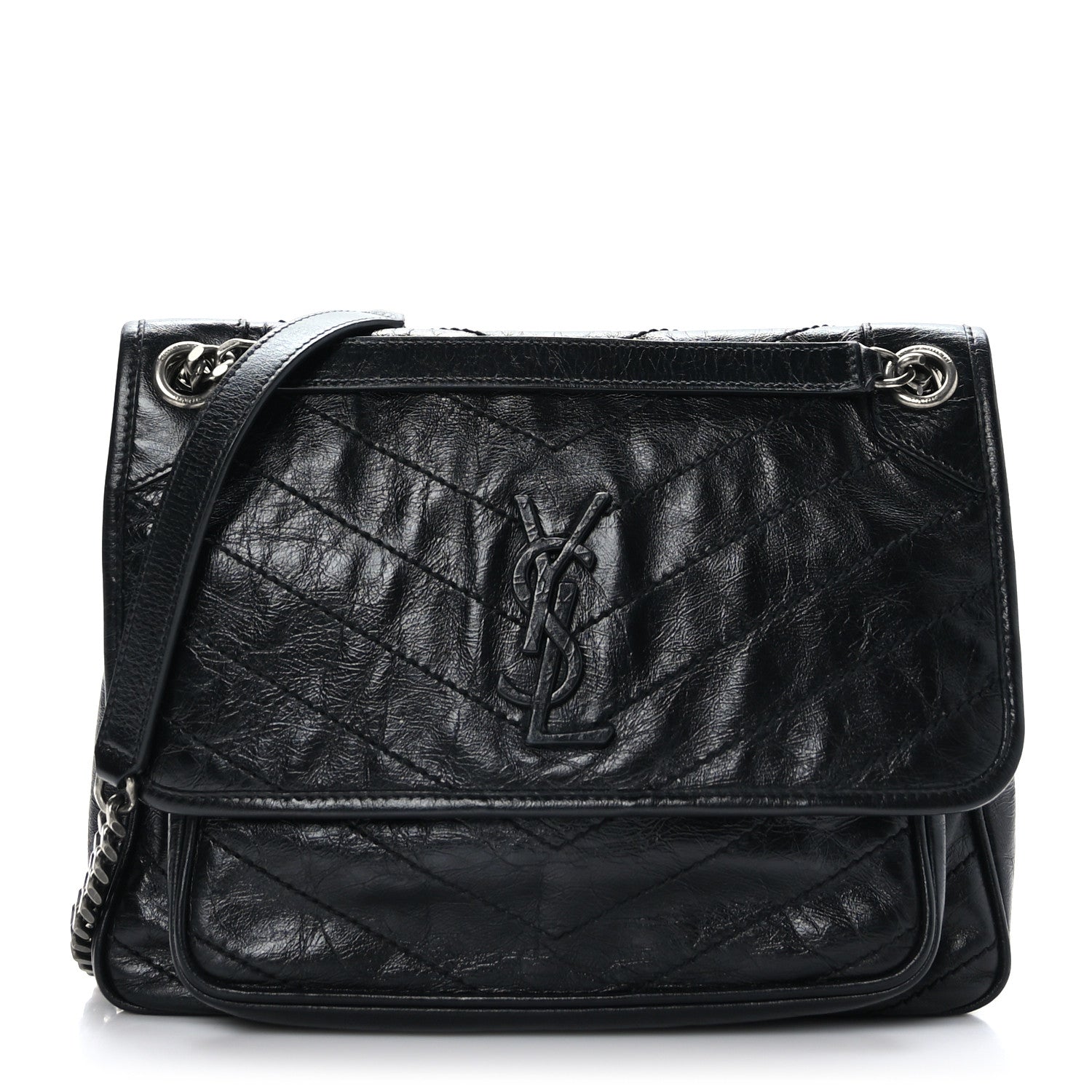 Saint Laurent Crinkled Calfskin Matelasse Monogram Medium Niki Chain Satchel Black 1 of 9