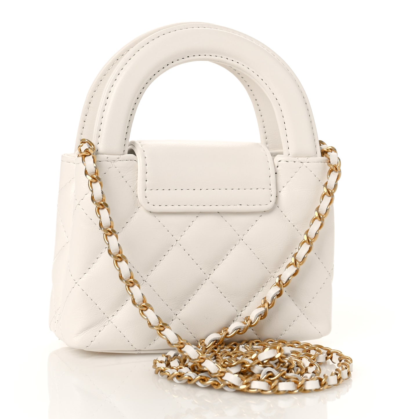 Shiny Aged Calfskin Quilted Mini Nano Kelly Shopper White
