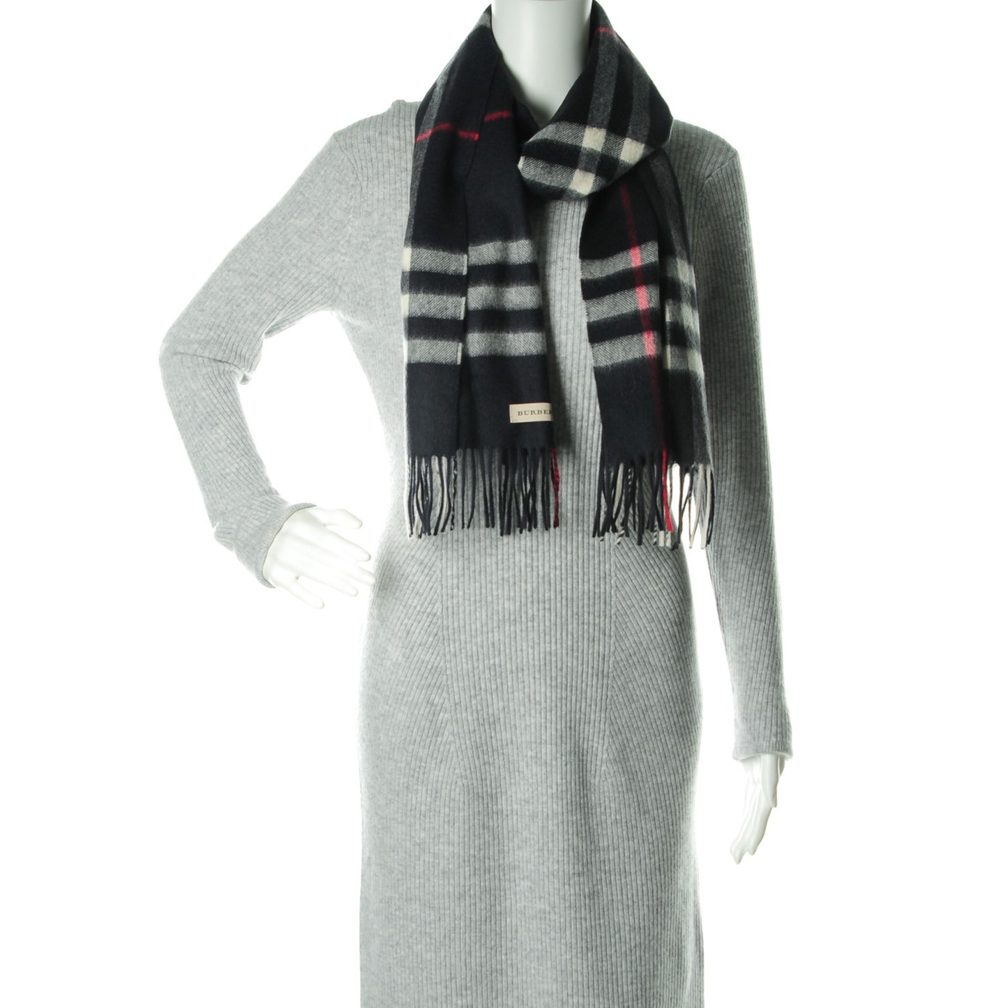 Cashmere Giant Check Fringe Scarf Navy