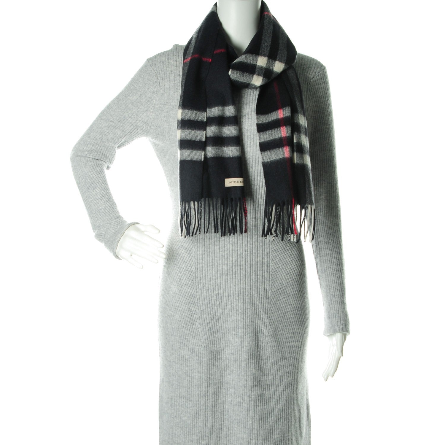 Burberry Cashmere Giant Check Fringe Scarf Navy 2 of 5