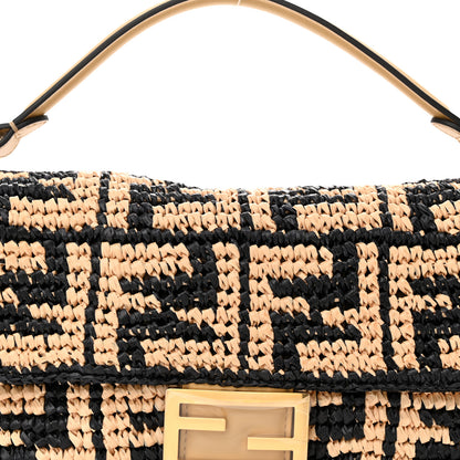 Fendi Raffia Vitello Grace FF Crochet Baguette Natural Black Paglia 7 of 9