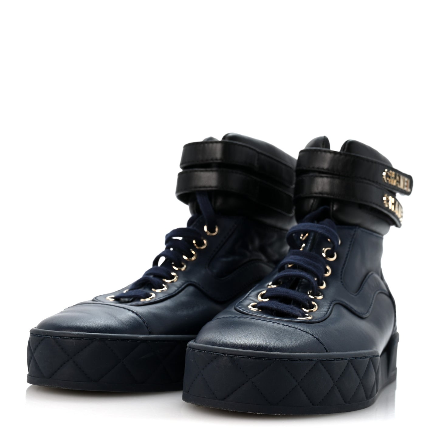 Lambskin Logo High Top Sneakers 36 Navy Black