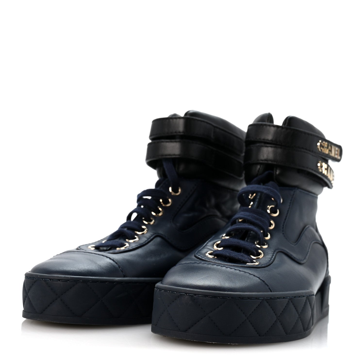 Chanel Lambskin Logo High Top Sneakers 36 Navy Black 4 of 11
