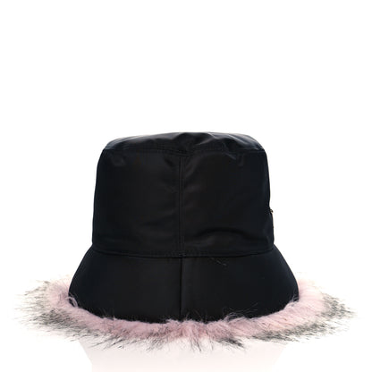 Prada Re-Nylon Faux Fur Metal Triangle Logo Womens Bucket Hat M Black Alabastro 3 of 8