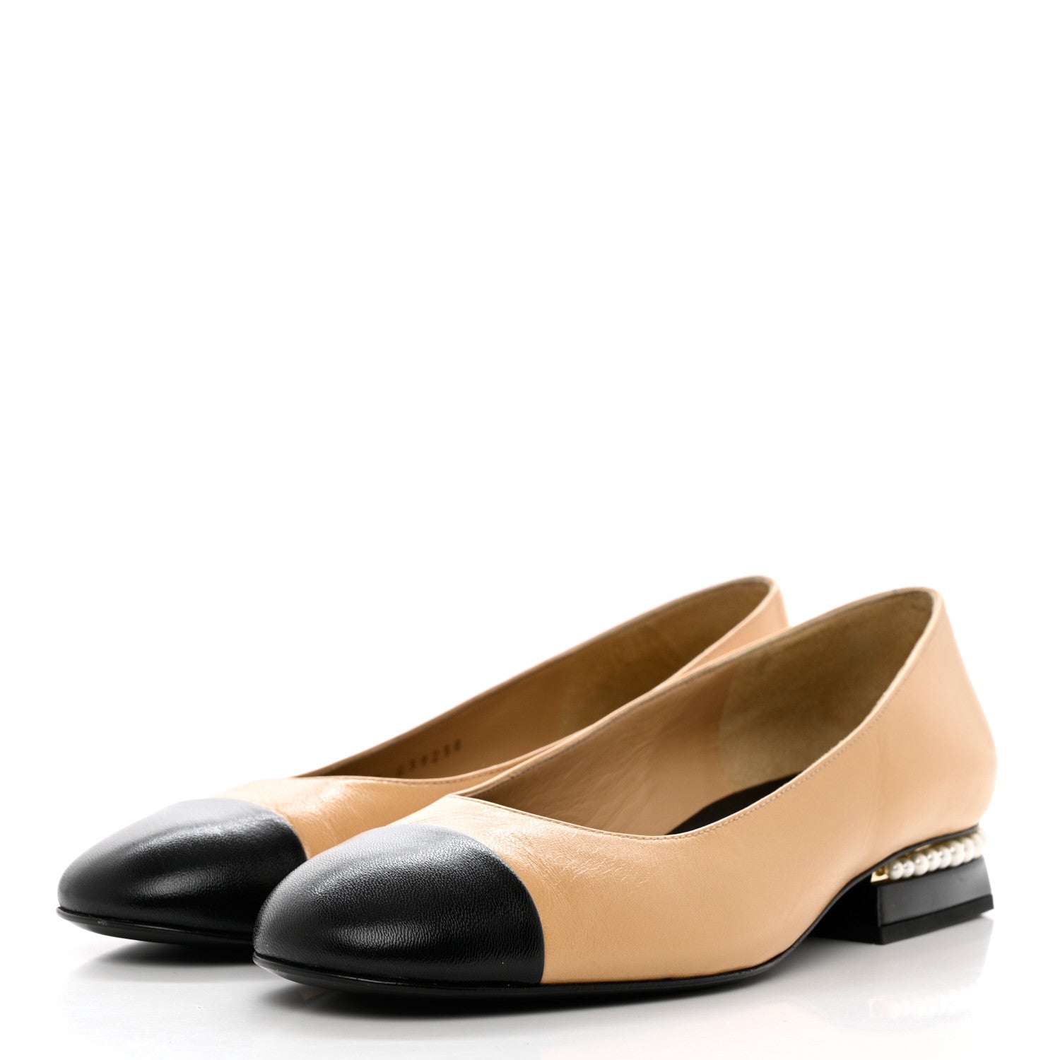 Chanel Lambskin Pearl Cap Toe CC Flats 38.5 Beige Black 3 of 10