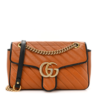 Gucci Vintage Effect Calfskin Matelasse Diagonal Small Torchon GG Marmont Shoulder Bag Cognac Black 1 of 13