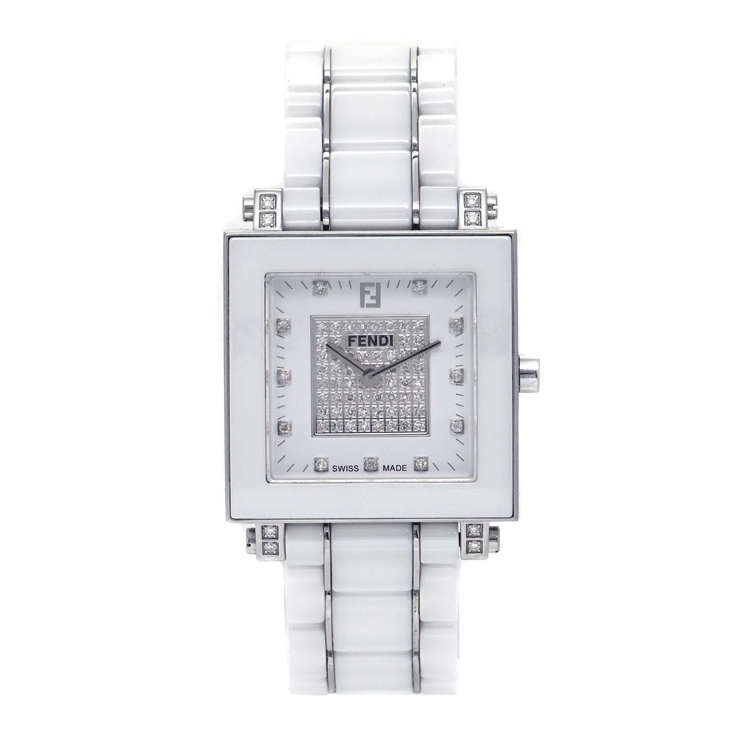 Fendi Stainless Steel Ceramic Diamond Dial 30mm Quadro Quartz Watch White 1 of 6