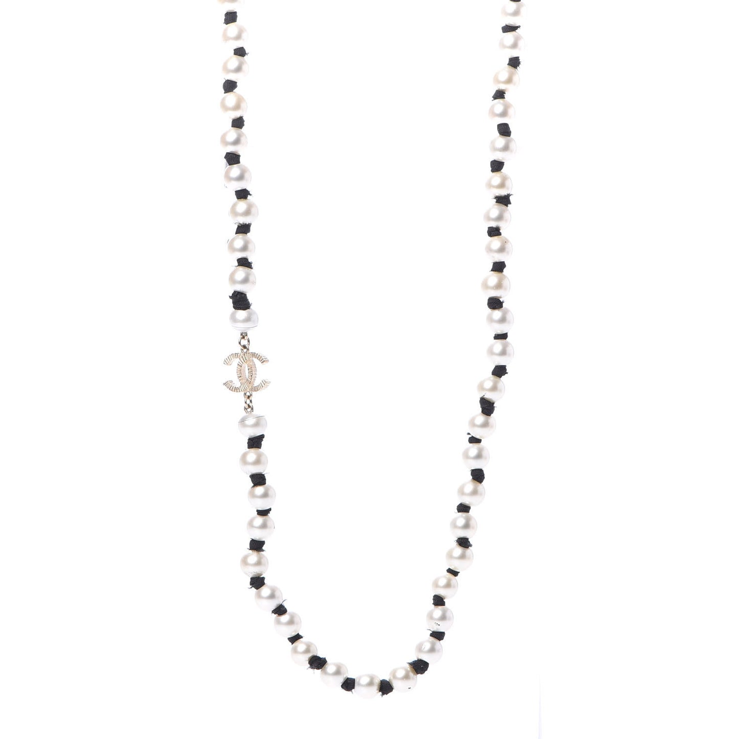 Pearl Grosgrain CC Long Necklace Gold