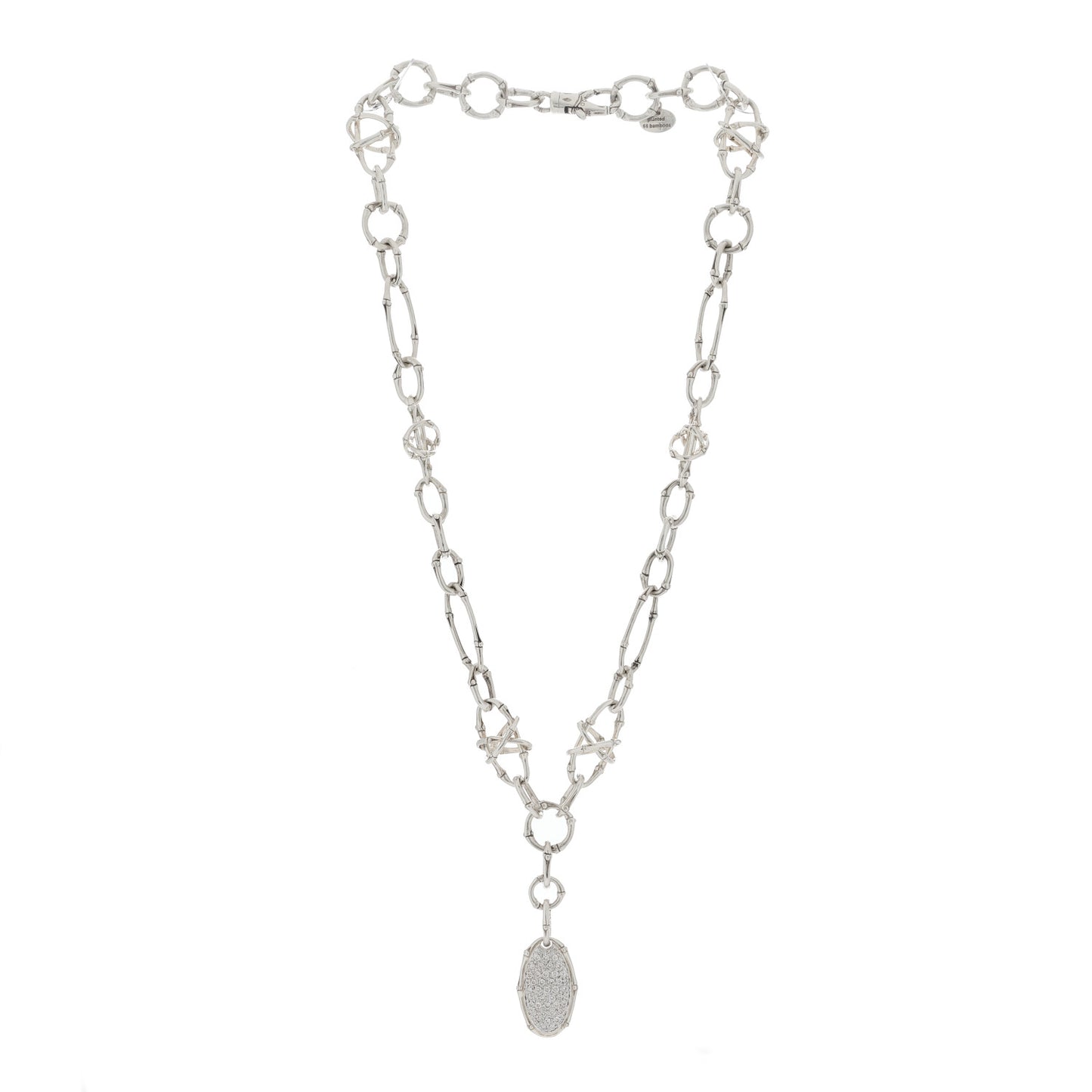 Sterling Silver Diamond Bamboo Oval Pendant Necklace