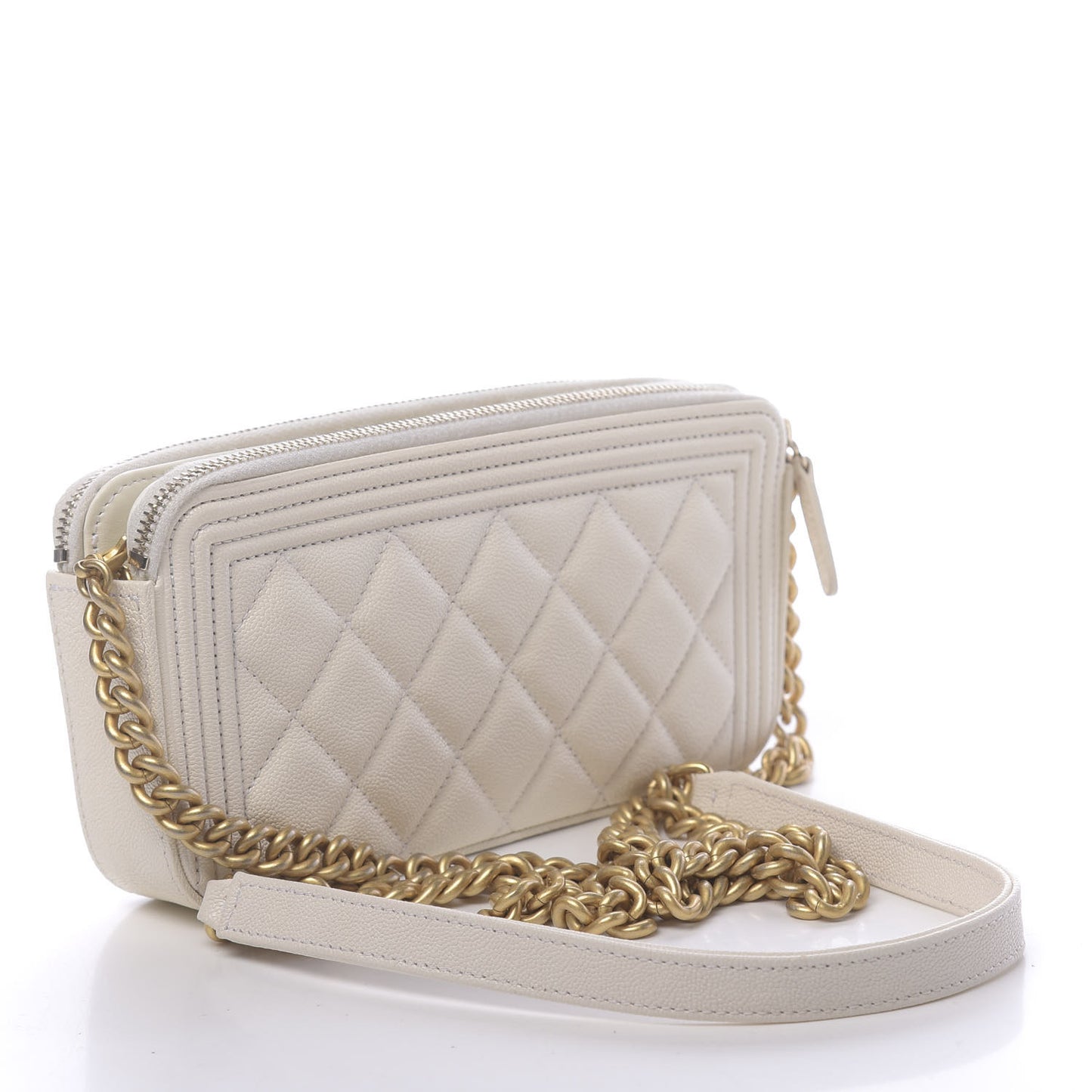 Caviar Quilted Small Boy Clutch With Chain White