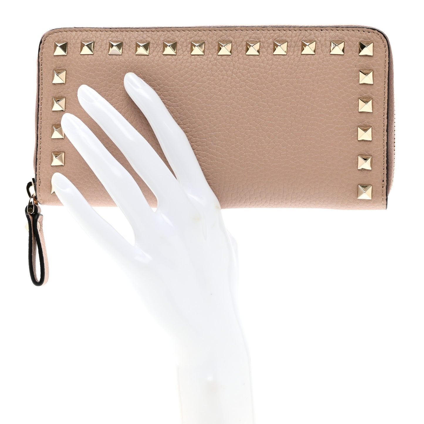 Pebbled Calfskin Rockstud Zip Around Wallet Poudre