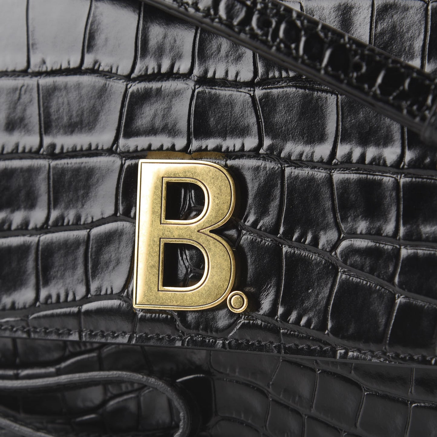 Shiny Calfskin Crocodile Embossed Small B Bag Black