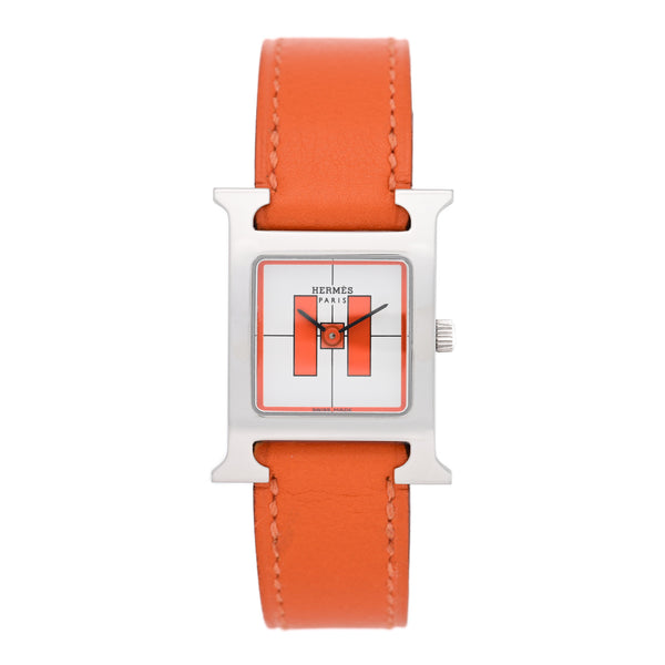 Hermes Stainless Steel Swift 21mm Heure H Hour Quartz Watch Orange