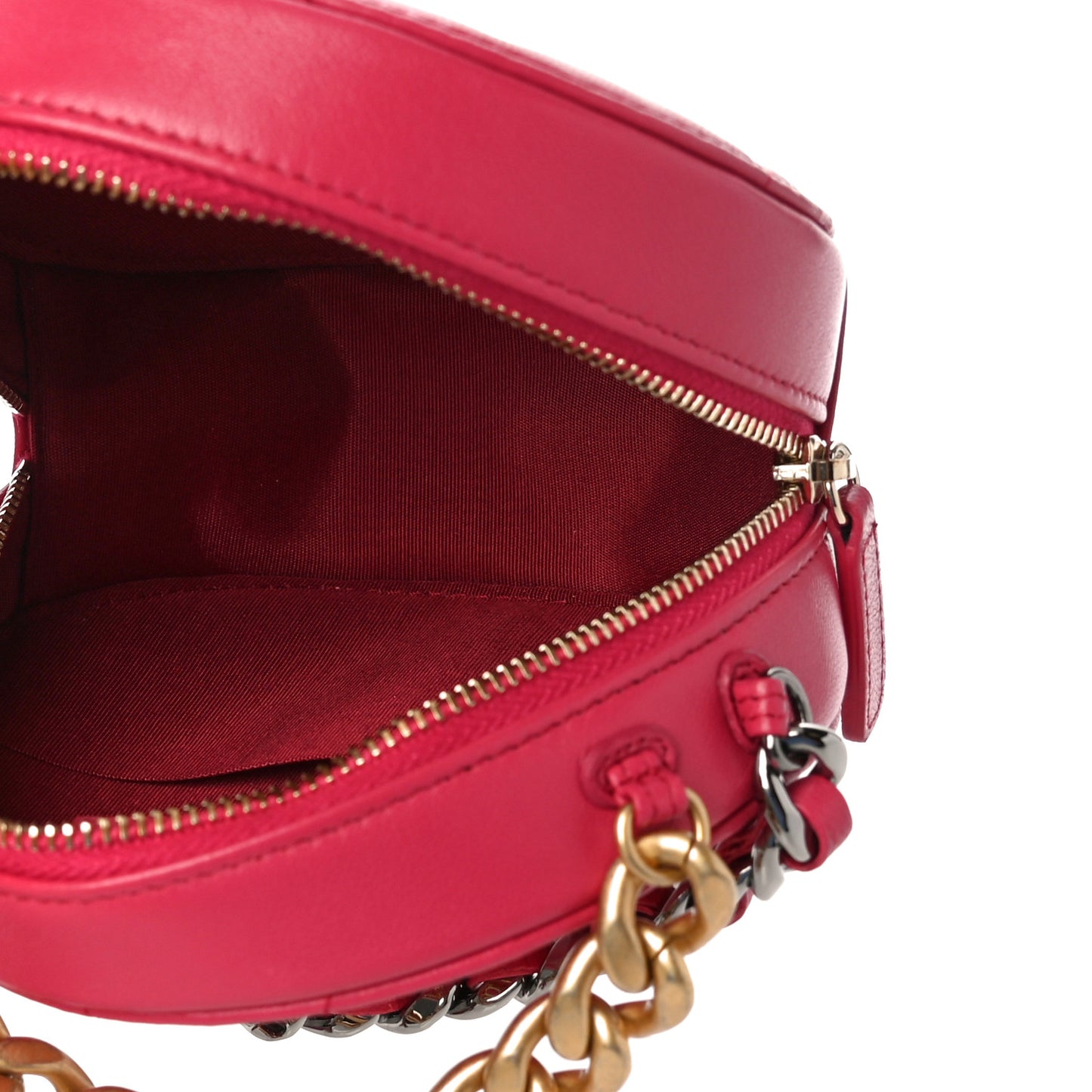 Goatskin Quilted Chanel 19 Round Clutch With Chain Dark Pink