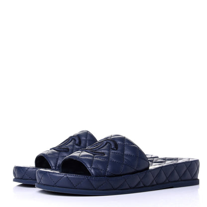 Chanel Lambskin Quilted CC Mules Sandals 39 Navy Blue 3 of 11